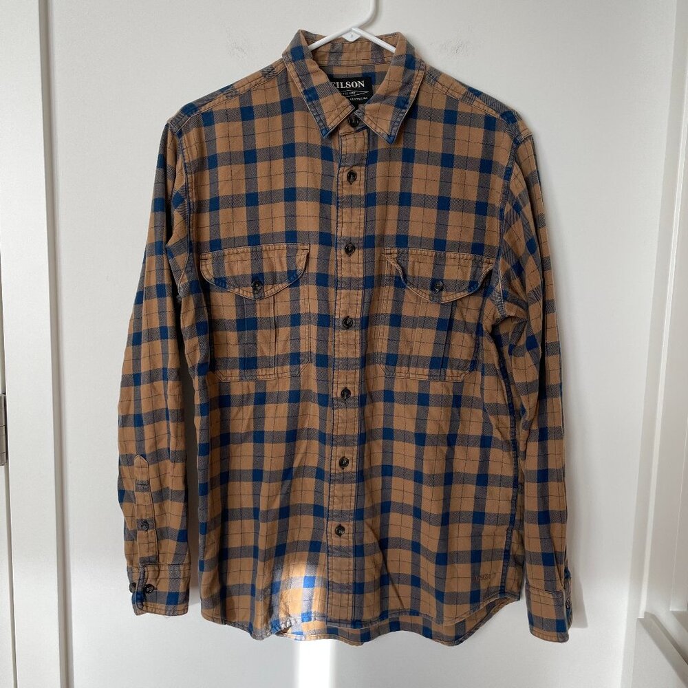 Filson Cotton Flannel Plaid Button Down Shirt Camel Brown and Blue Size Small